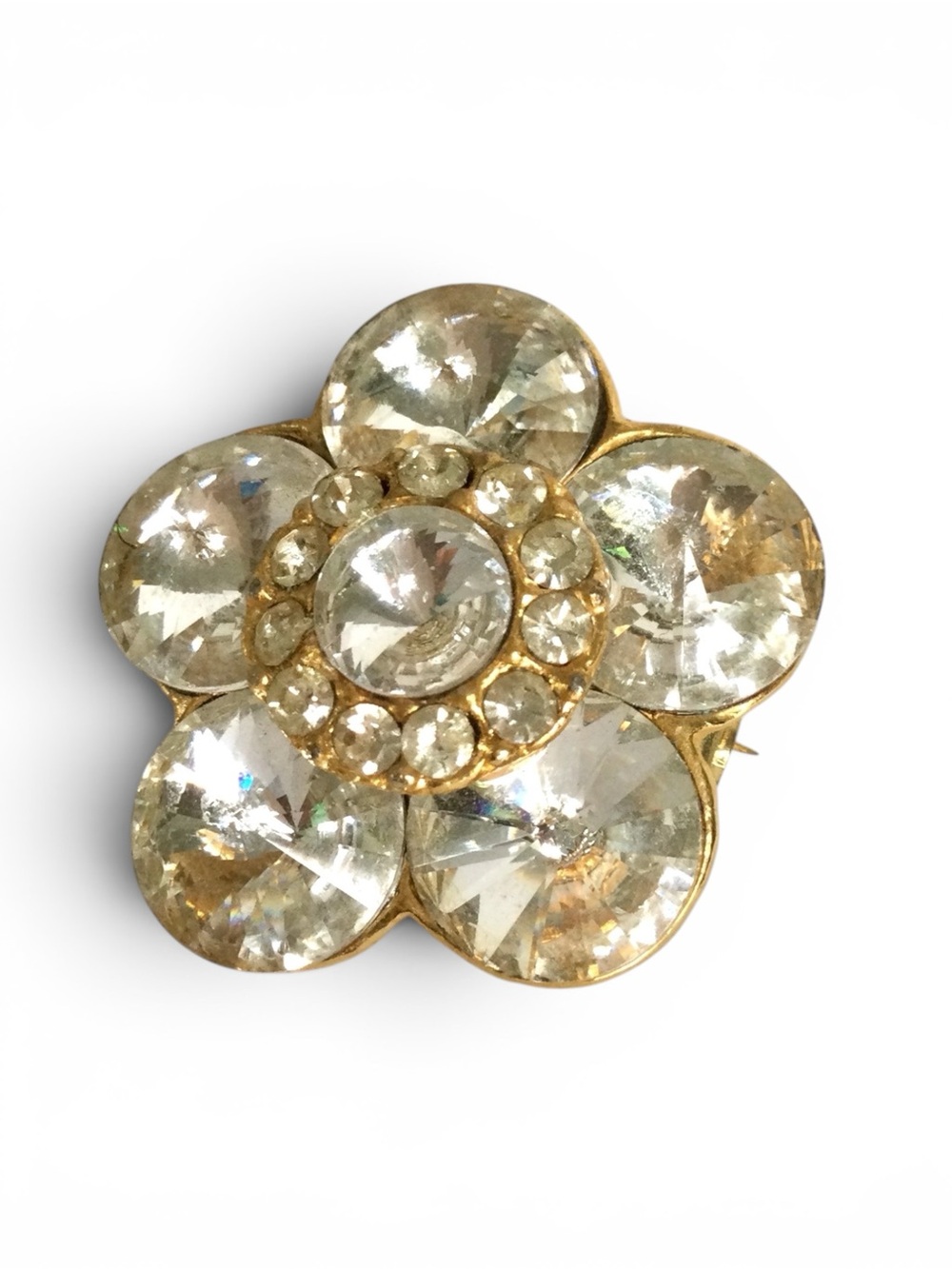 Vintage 1950s Clear Rivoli Floral Brooch - Gold‑Tone - Rare Find - Picture 5 of 12